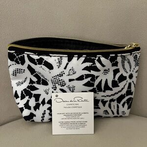 Oscar de la Renta Black & White Floral Zip Cosmetic Pouch with Gold Hardware
